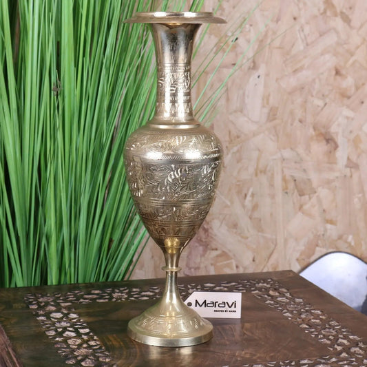 Vintage 36cm Small Brass Vase Hand Etched