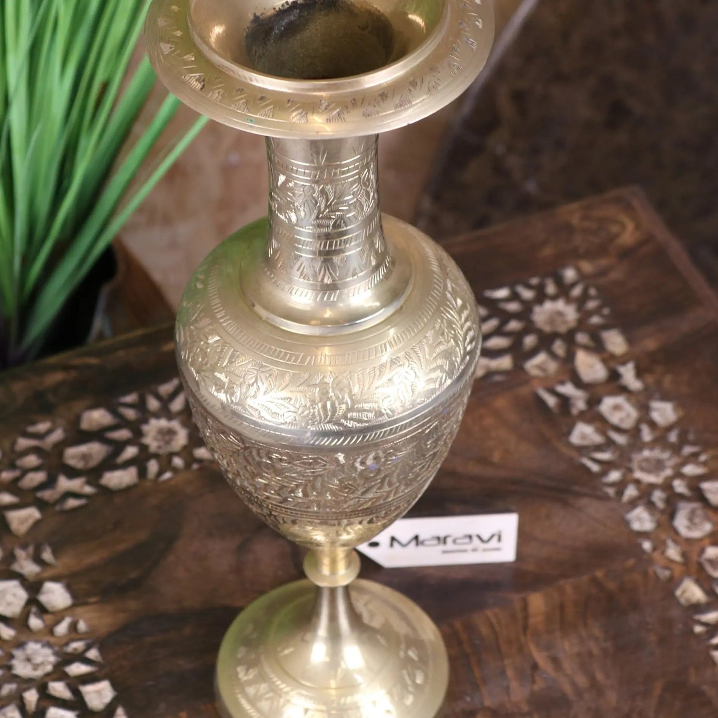 Vintage 36cm Small Brass Vase Hand Etched
