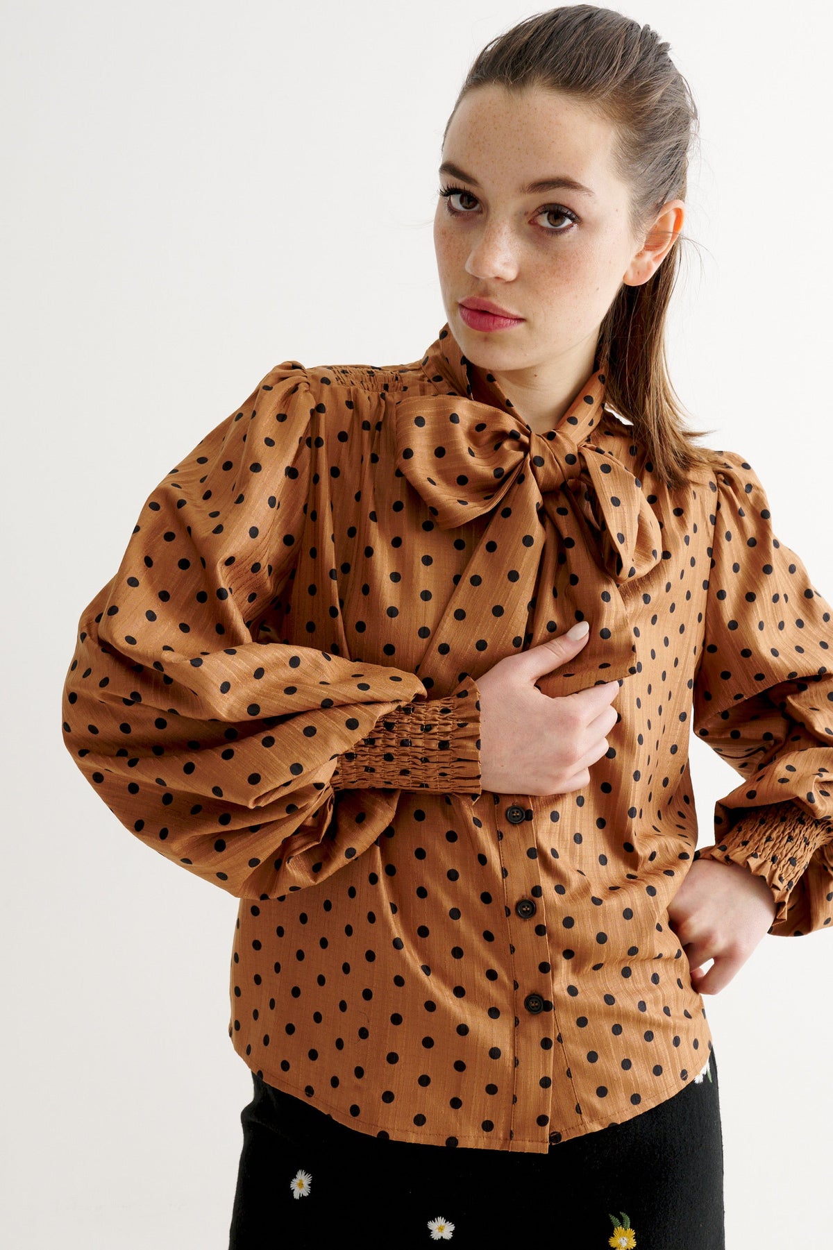 Aditi Spot Tie Neck Blouse - Toffee