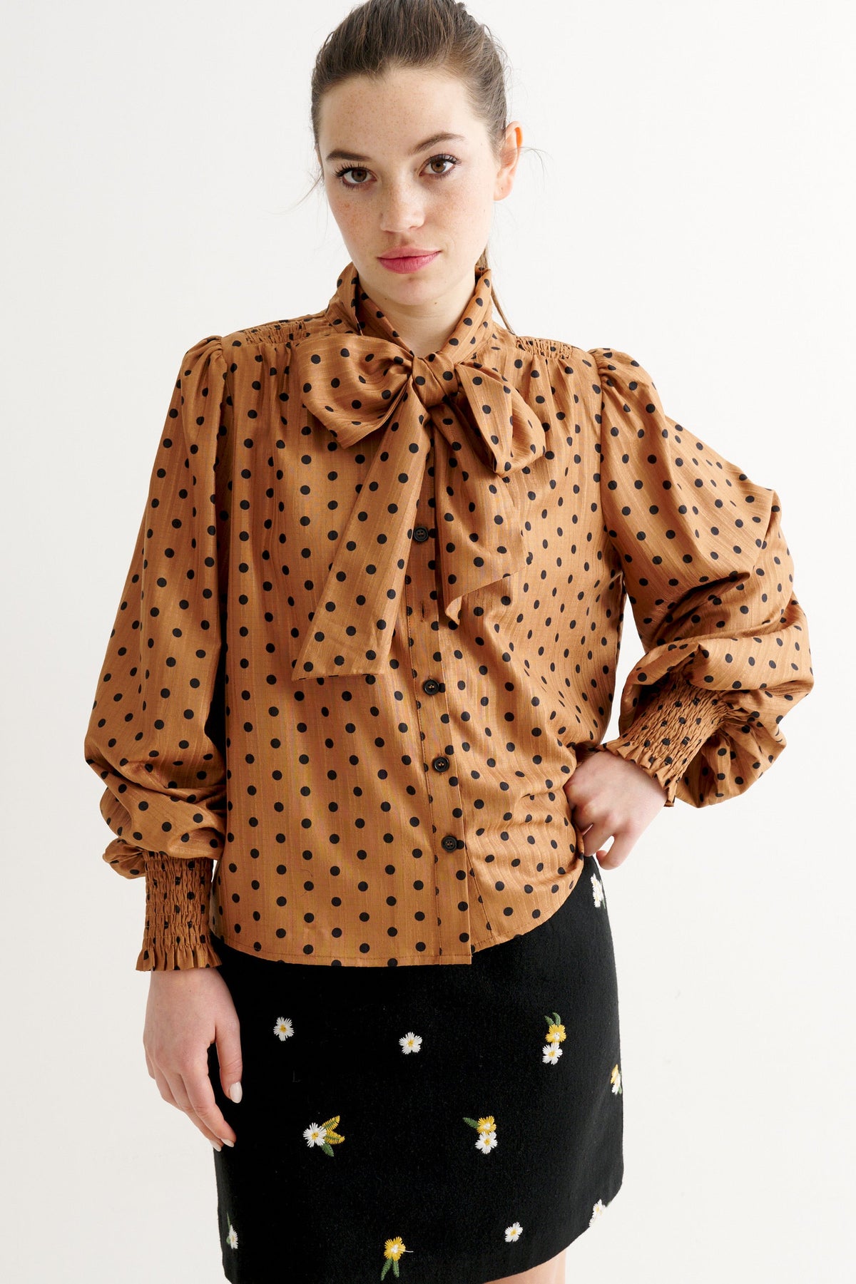 Aditi Spot Tie Neck Blouse - Toffee