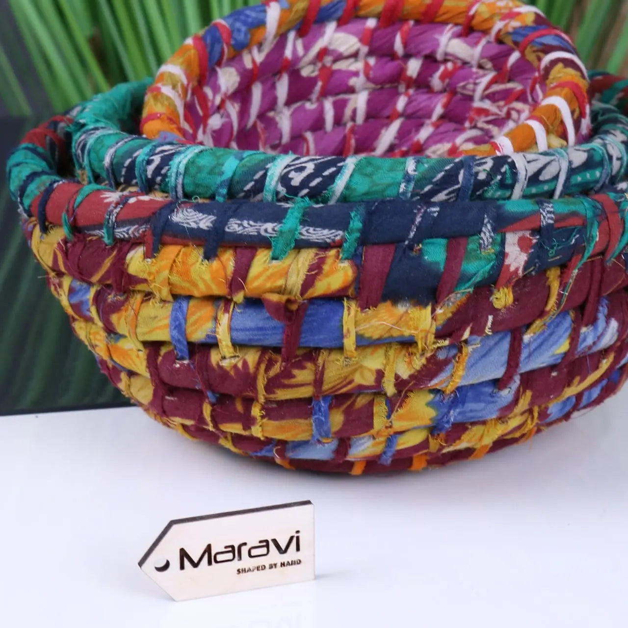 Chaura Set of 3 Recycled Baskets Sari Material