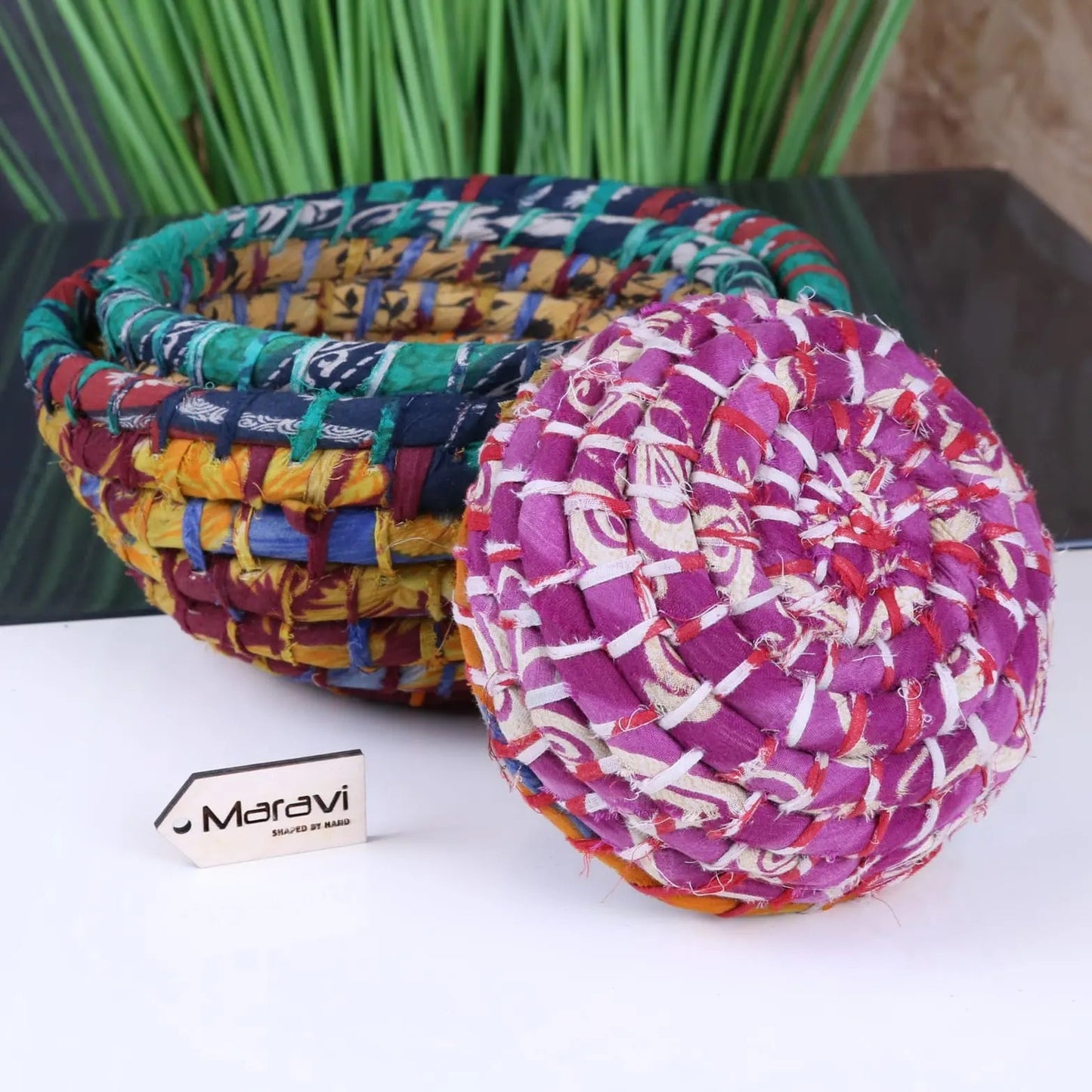 Chaura Set of 3 Recycled Baskets Sari Material