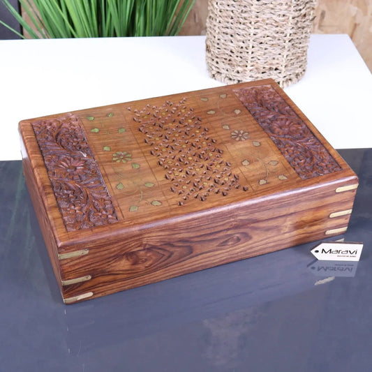 Vervek Large Hand Carved Wooden Box with Brass Inlay