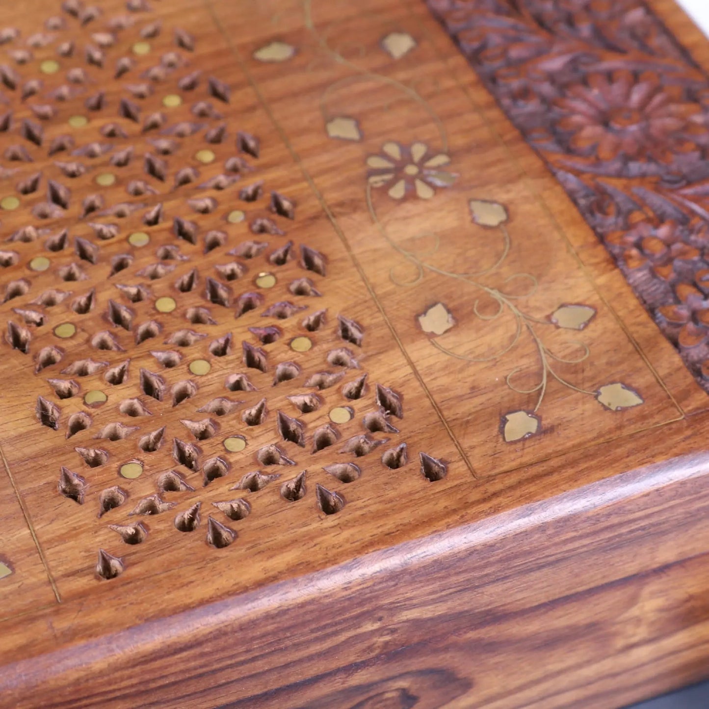 Vervek Large Hand Carved Wooden Box with Brass Inlay