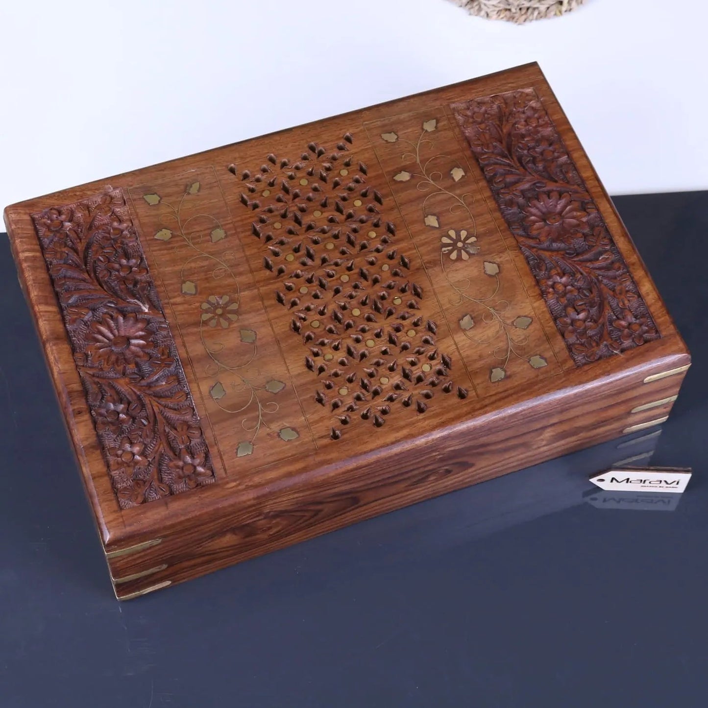 Vervek Large Hand Carved Wooden Box with Brass Inlay