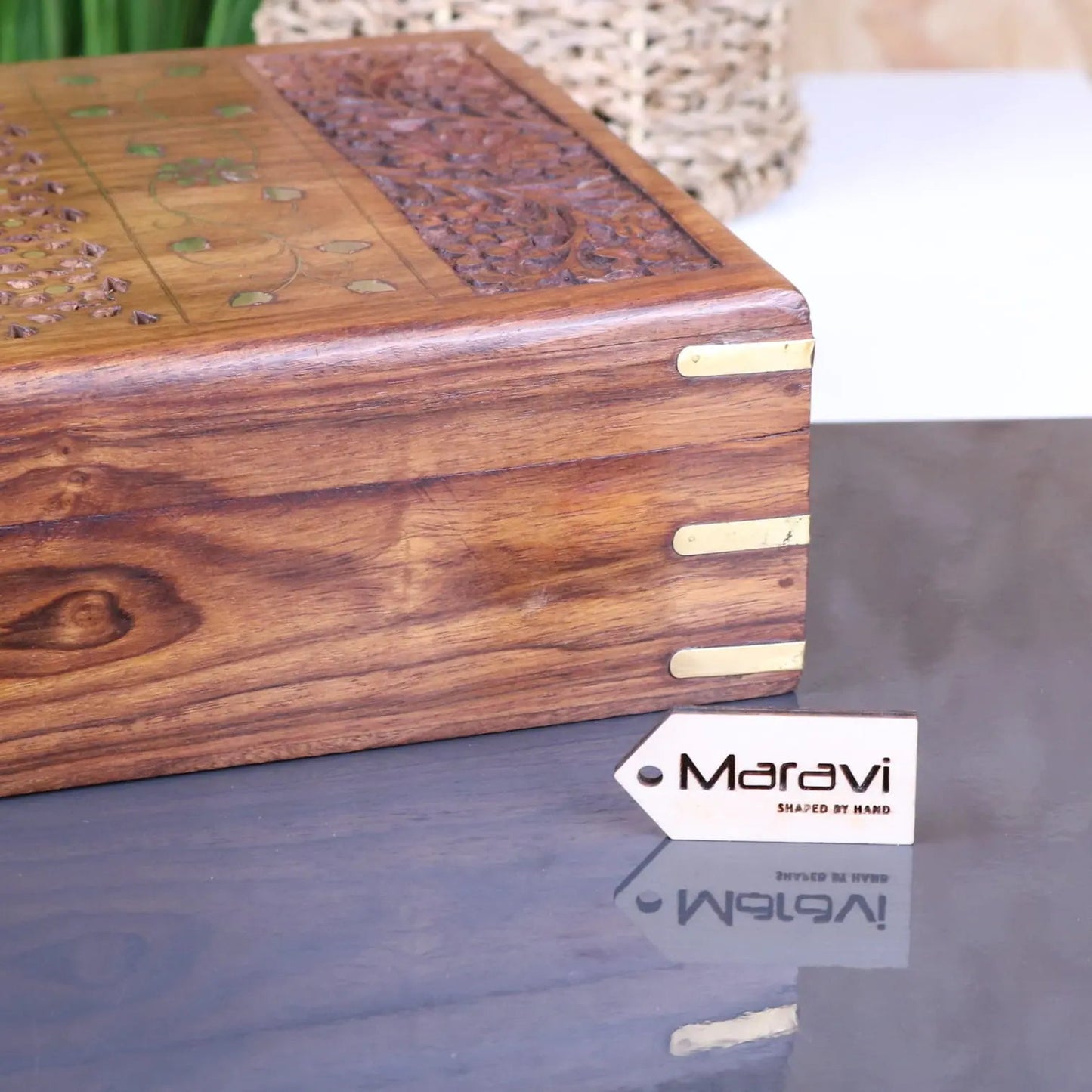 Vervek Large Hand Carved Wooden Box with Brass Inlay