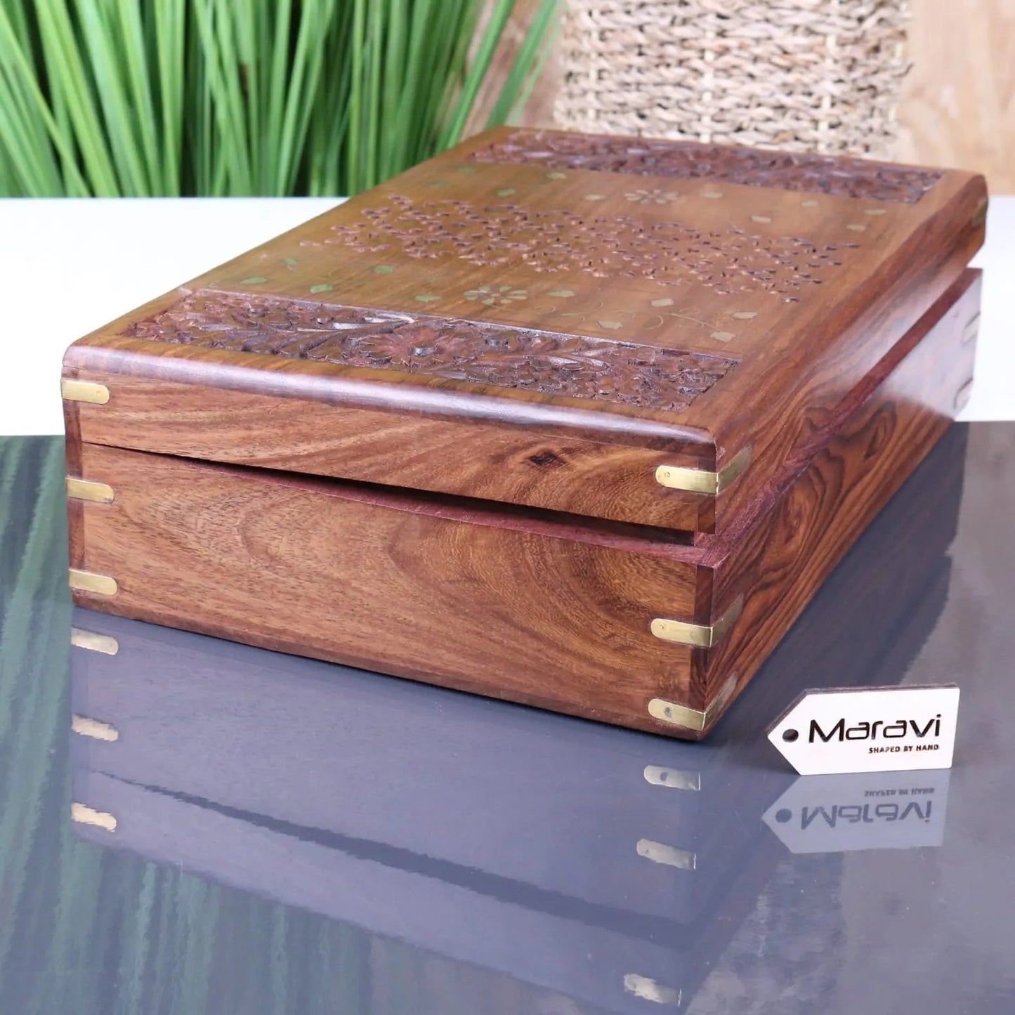 Vervek Large Hand Carved Wooden Box with Brass Inlay