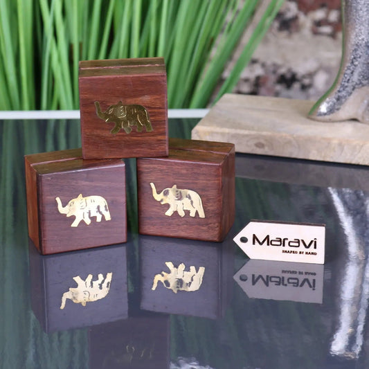 Jatani Set of 3 Wooden Trinket Boxes Brass Elephant