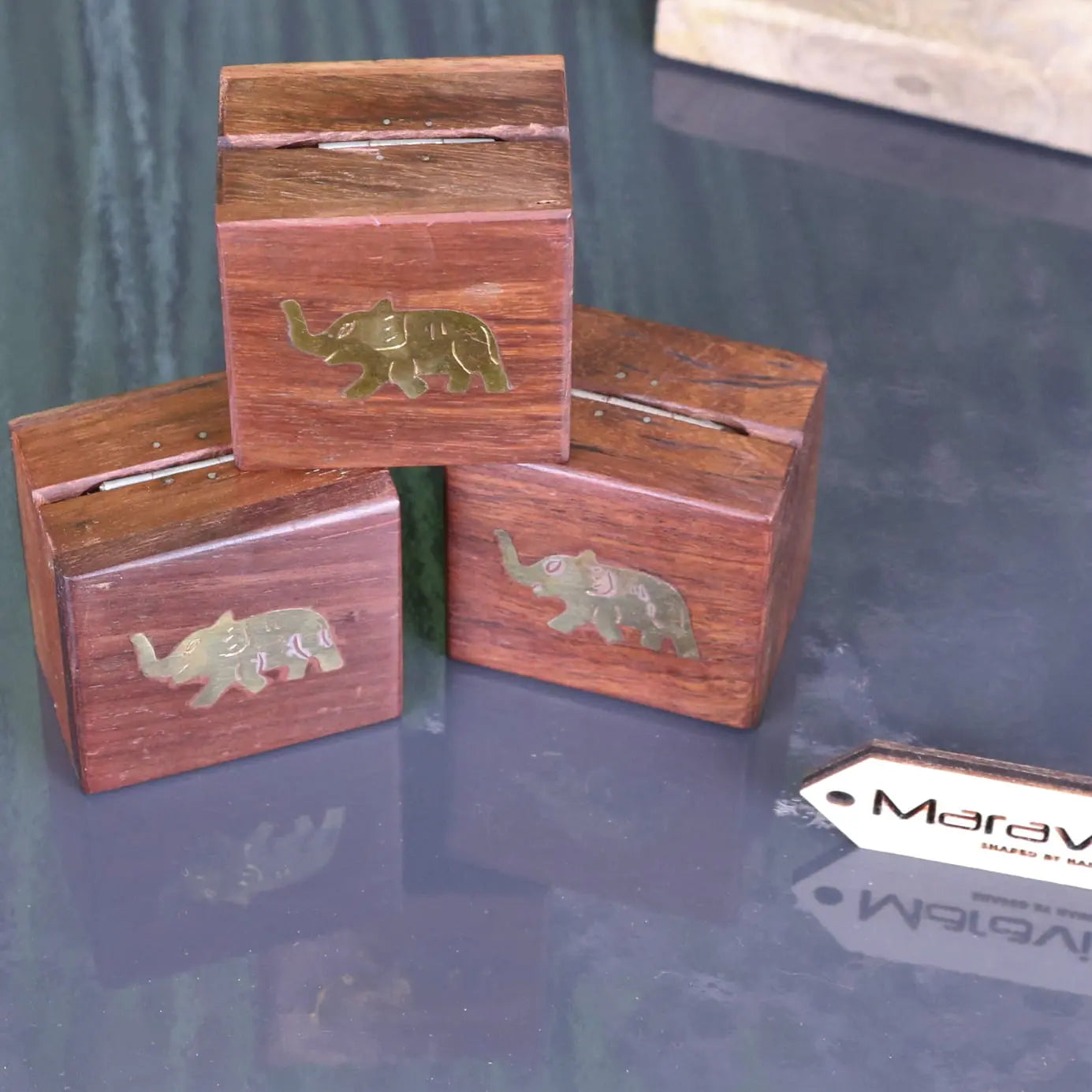 Jatani Set of 3 Wooden Trinket Boxes Brass Elephant
