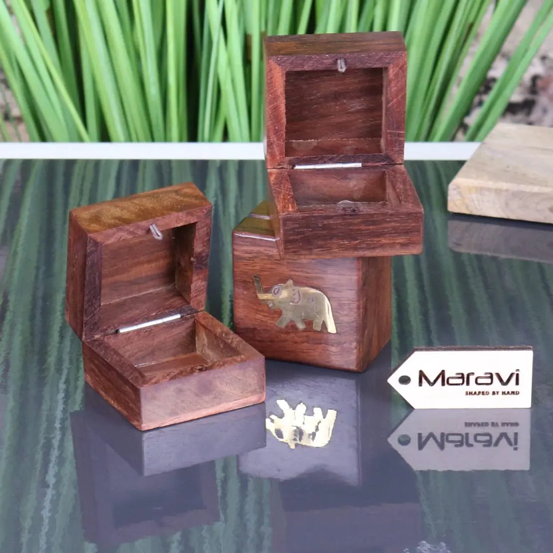 Jatani Set of 3 Wooden Trinket Boxes Brass Elephant
