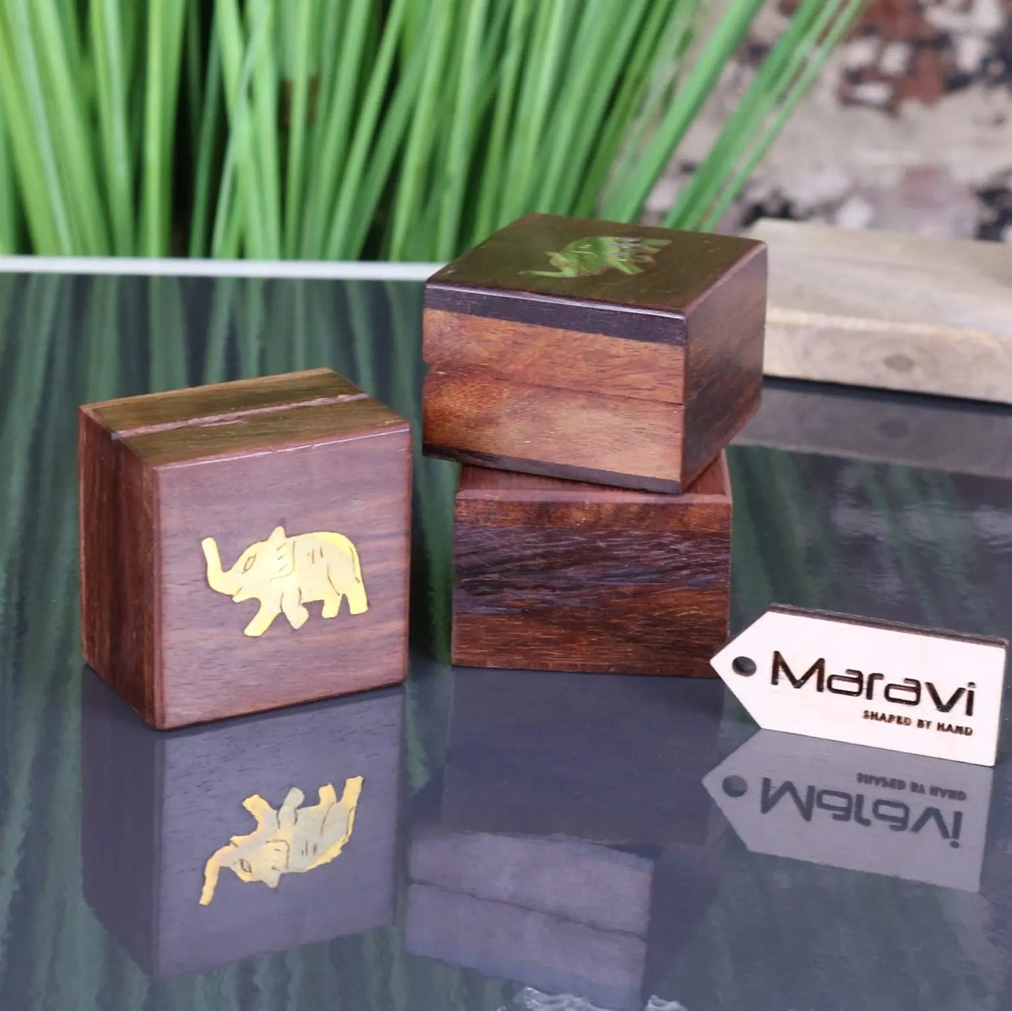 Jatani Set of 3 Wooden Trinket Boxes Brass Elephant