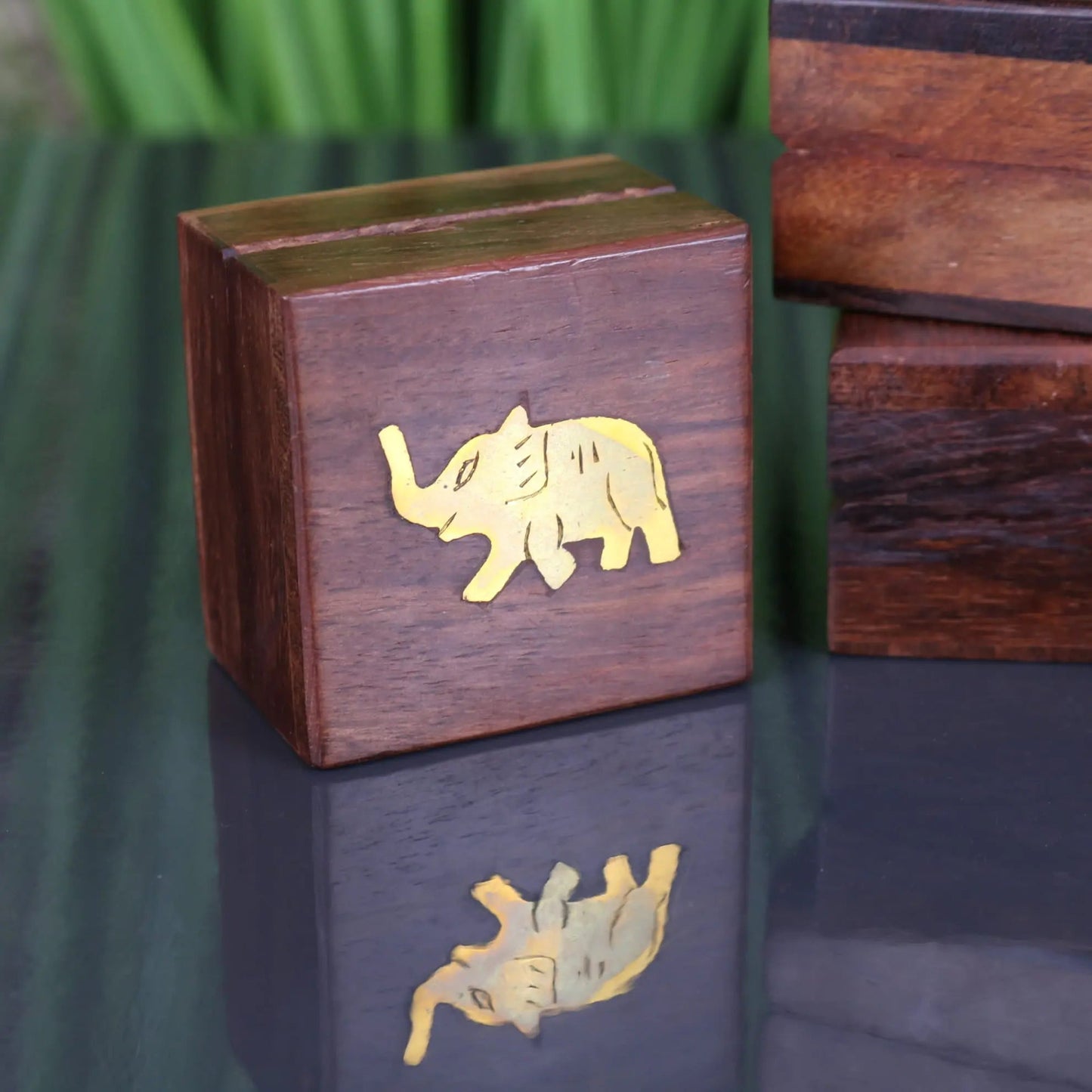 Jatani Set of 3 Wooden Trinket Boxes Brass Elephant