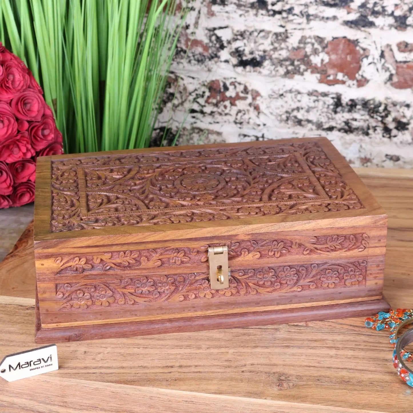 Nalanda Sheesham Large Wooden Jewellery Box Intricately Carved