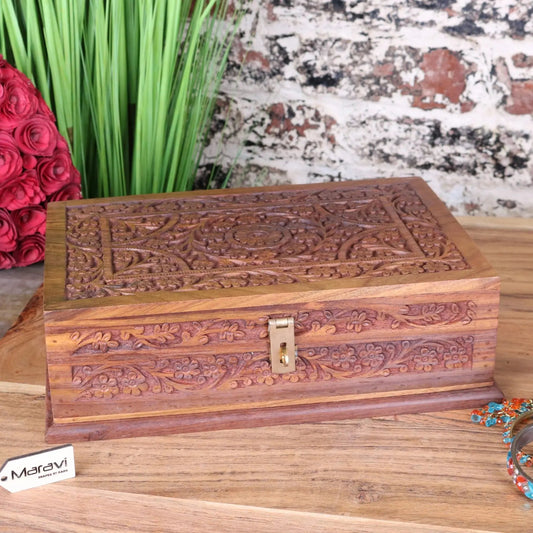 Nalanda Sheesham Large Wooden Jewellery Box Intricately Carved
