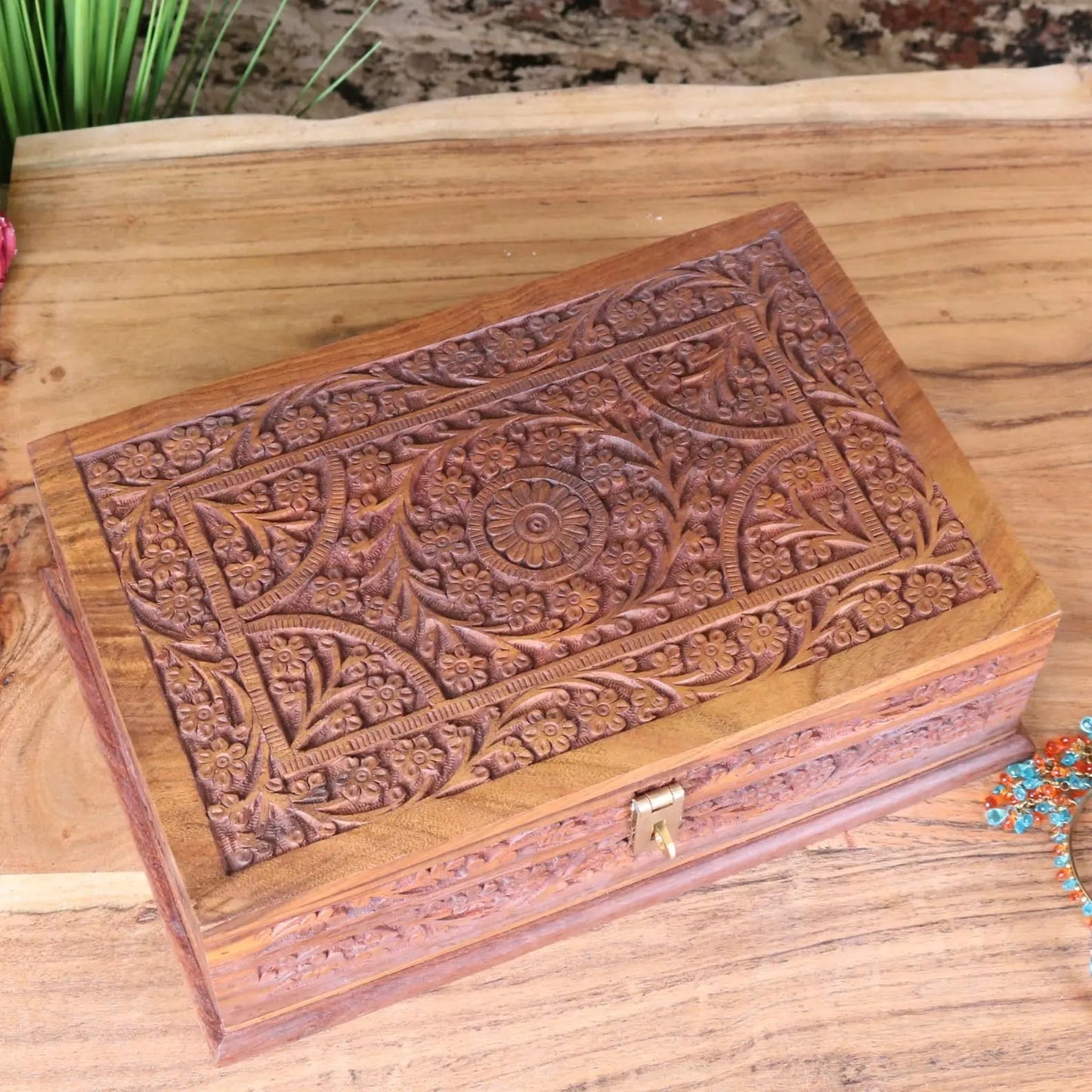 Nalanda Sheesham Large Wooden Jewellery Box Intricately Carved