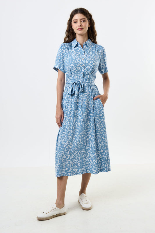 Inesa Negative Floral Print Short Sleeve Midi Shirt Dress - Blue