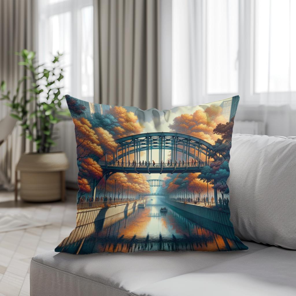 Autumn Urban Bridge Cotton Cushion