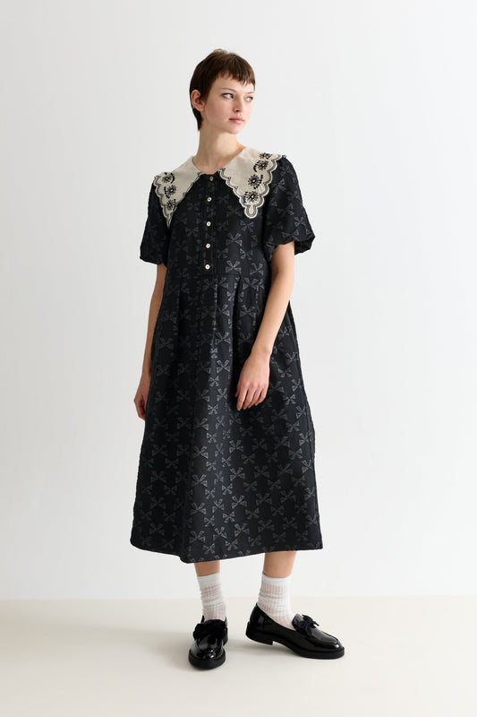 Iris Bow Black Jacquard White Embroidered Collar Midi Dress
