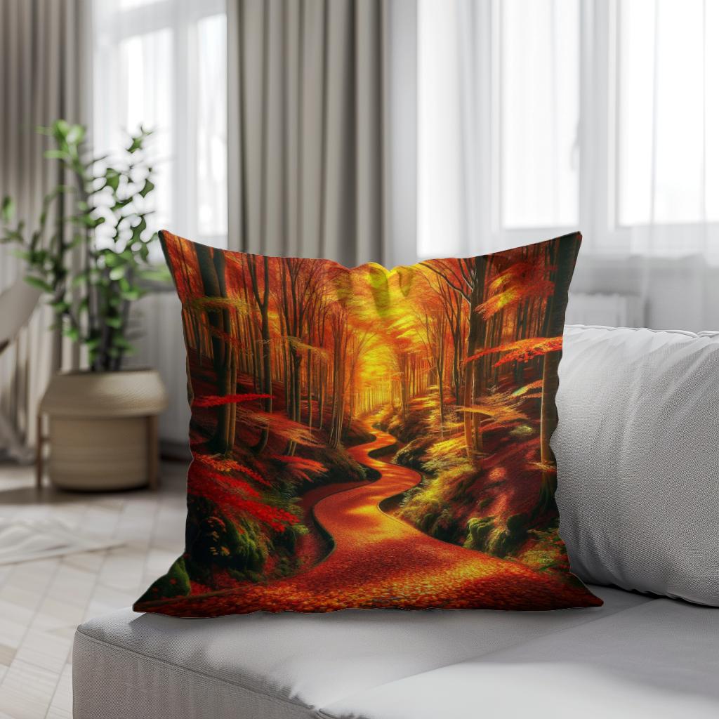 Autumn Forest Pathway Cotton Cushion