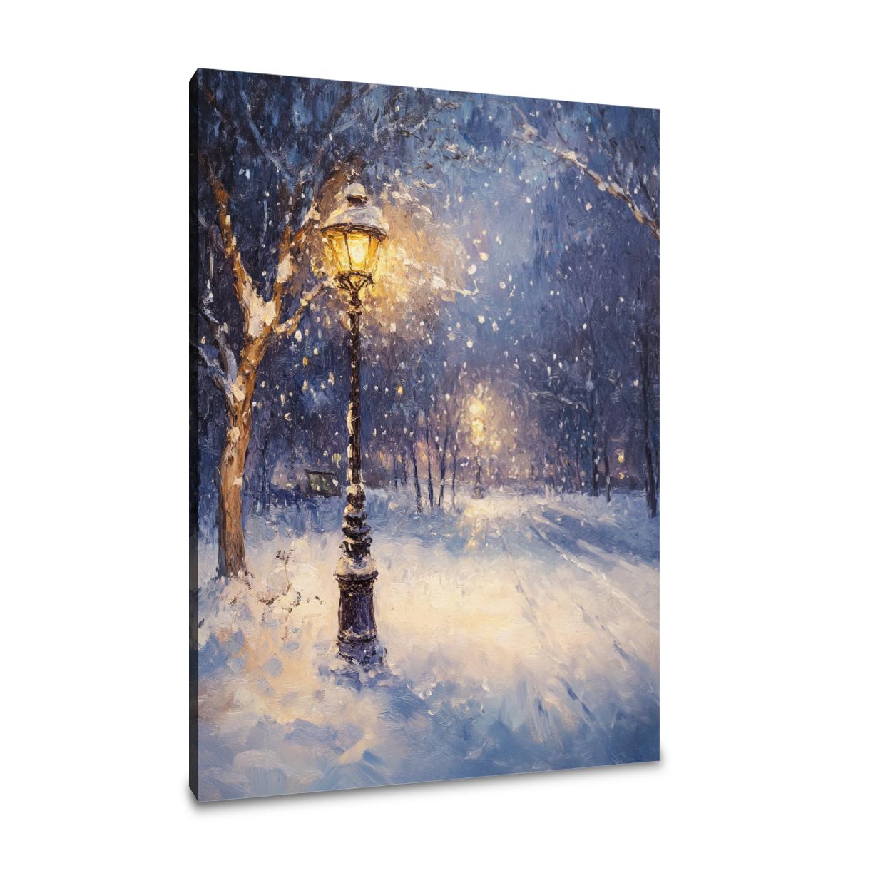 Snowfall Under Lamplight Canvas