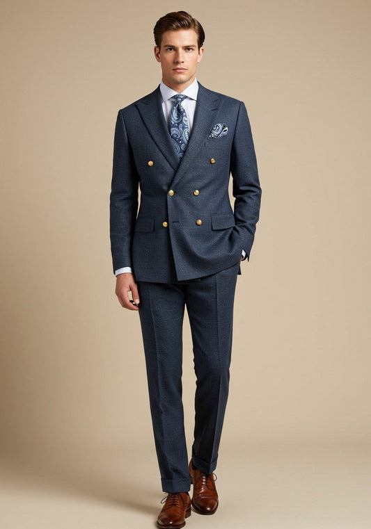 Men's Navy Birdseye Double-Breasted Suit With Gold-Tone Buttons