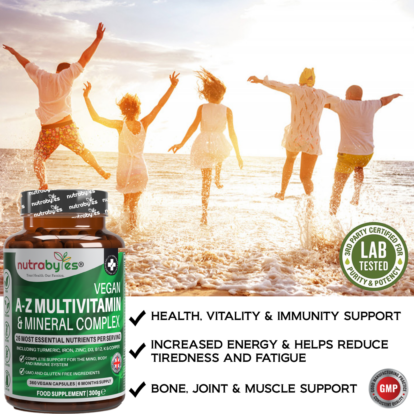Vegan A-Z Multivitamin & Mineral Complex (26 Essential Nutrients), 360 Capsules (6 months) | Healthy Mind, Body and Immune System | Made in the UK