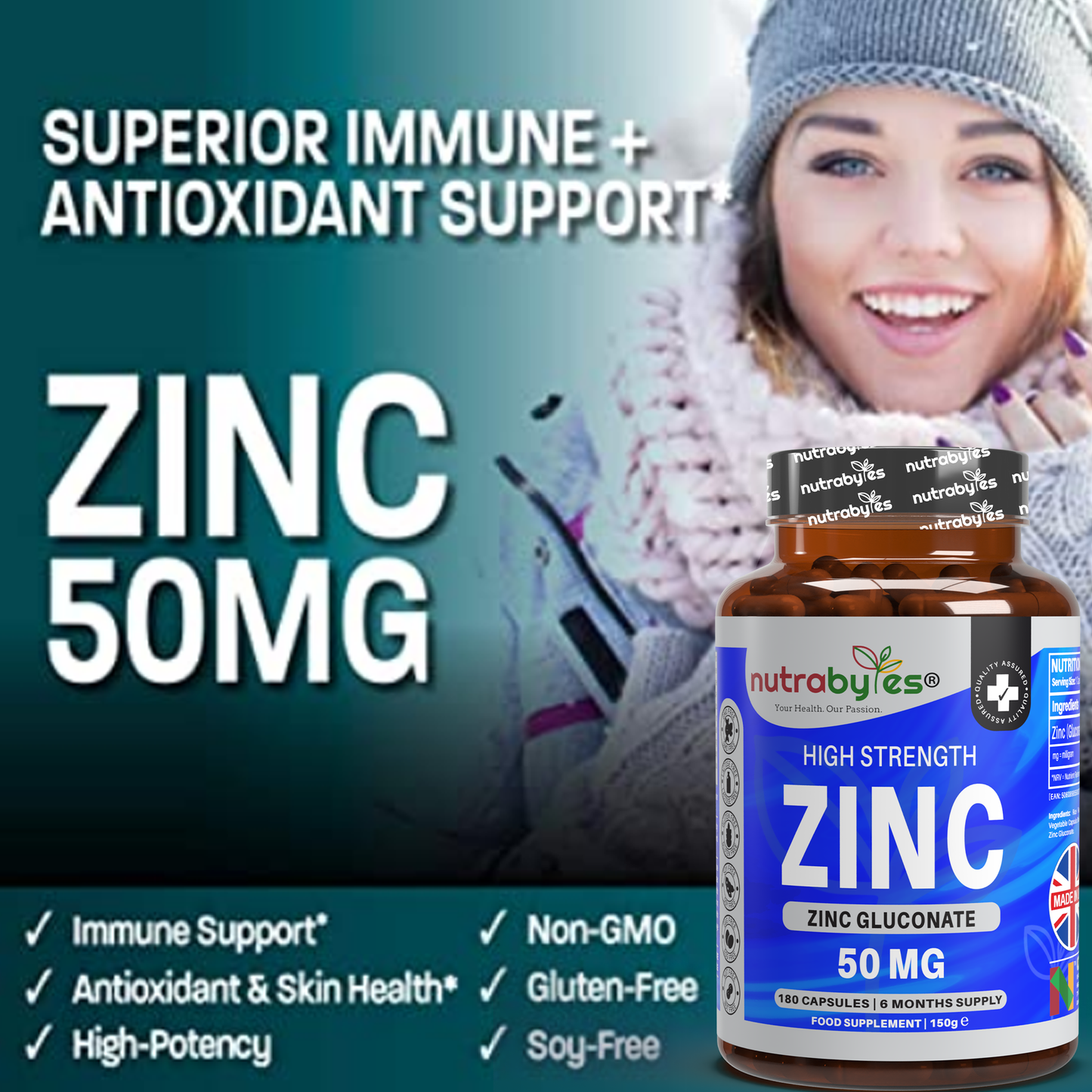 Zinc (Gluconate) 50mg | Maximum Strength, Pure Zinc Capsules | 180 Vegan Capsules | 6 Months Supply | Immunity Support, Eye & Skin Health | Made in the UK