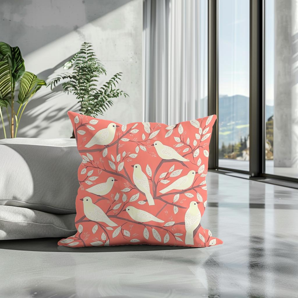 Coral Cream Bird Folk Art Cotton Cushion