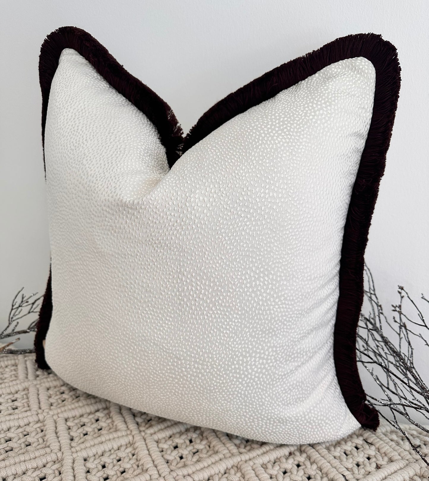 The Couture Cushion - The Ivory Borboletta Fringed in Mocha - Style No. 182