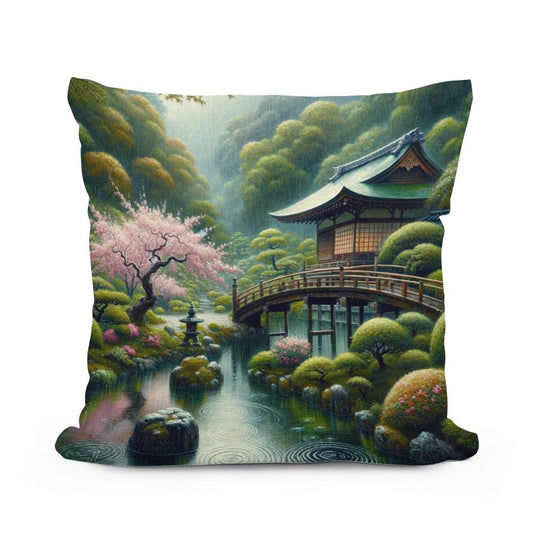 Tranquil Rain in Kyoto Cotton Cushion