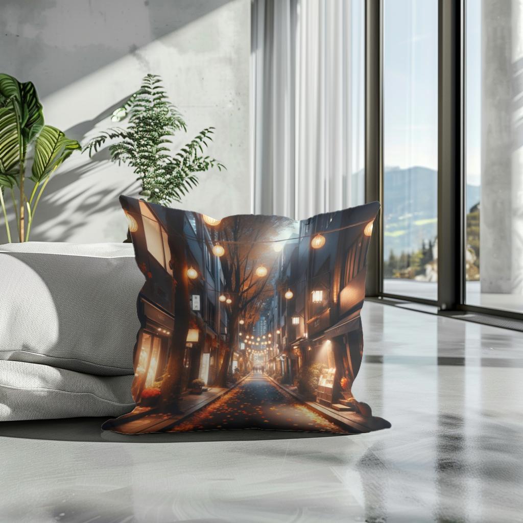 Autumn Alley at Night Cotton Cushion