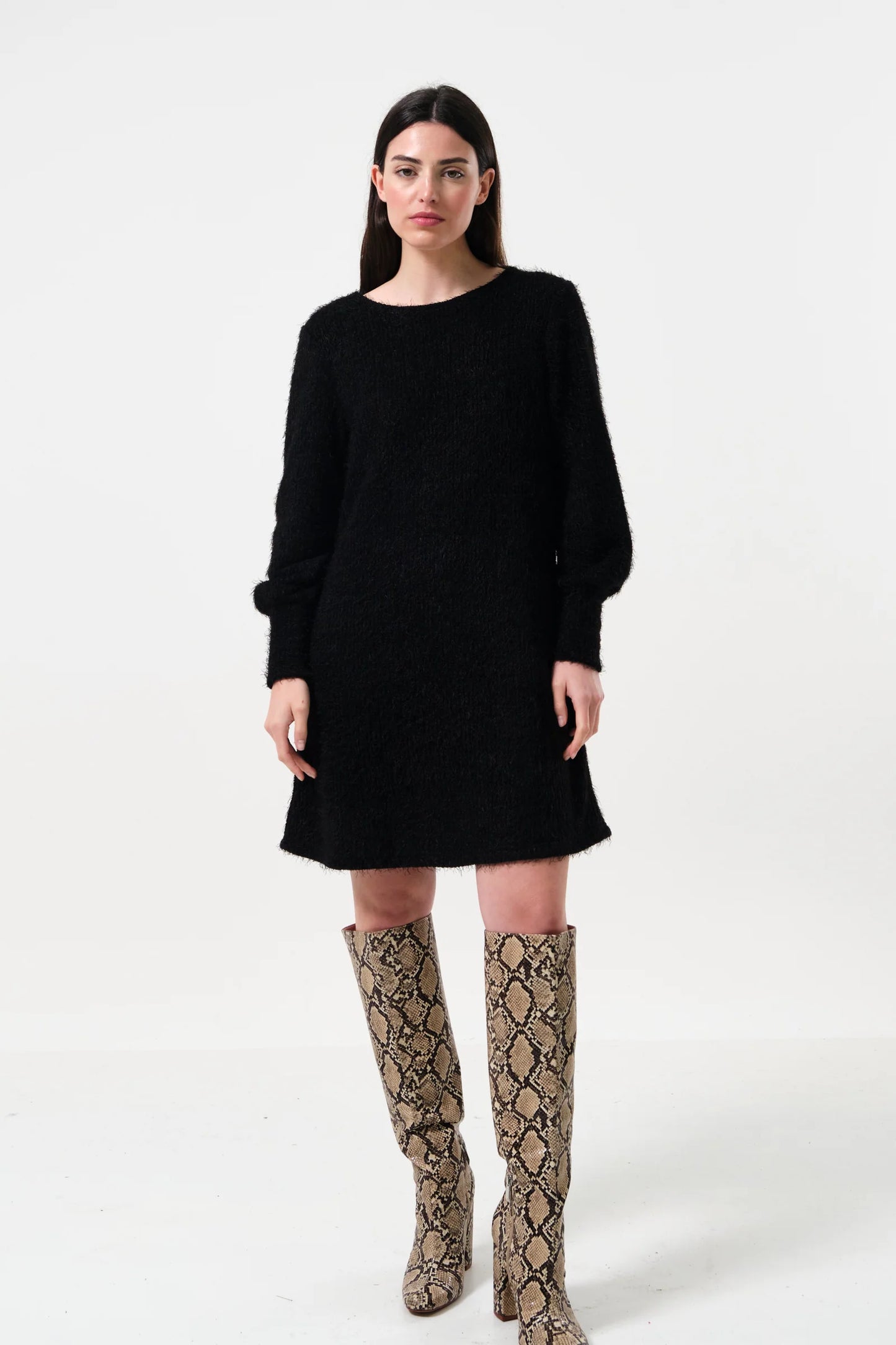 Jenyfer Eyelash Rib Long Sleeve Mini Dress - Black