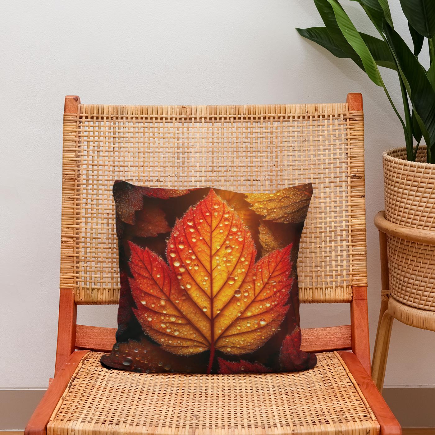 Dew-Kissed Autumn Leaf Cotton Cushion