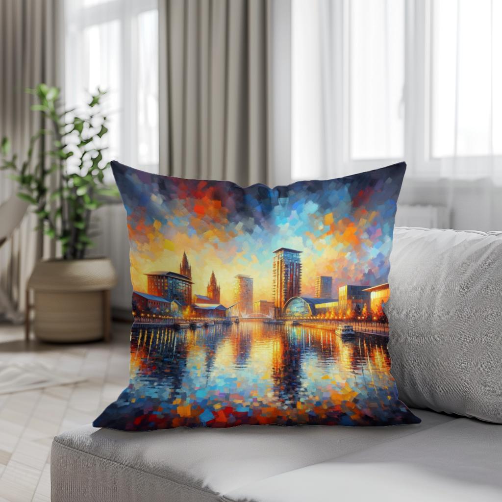 Manchester Salford Quays Sunset Cotton Cushion
