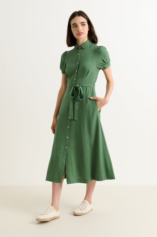 Joselyne Linen Mix Midi Shirt Dress - Green