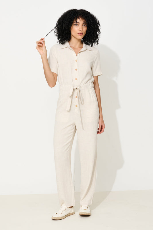 Justin Linen Mix Short Sleeve Jumpsuit - Natural