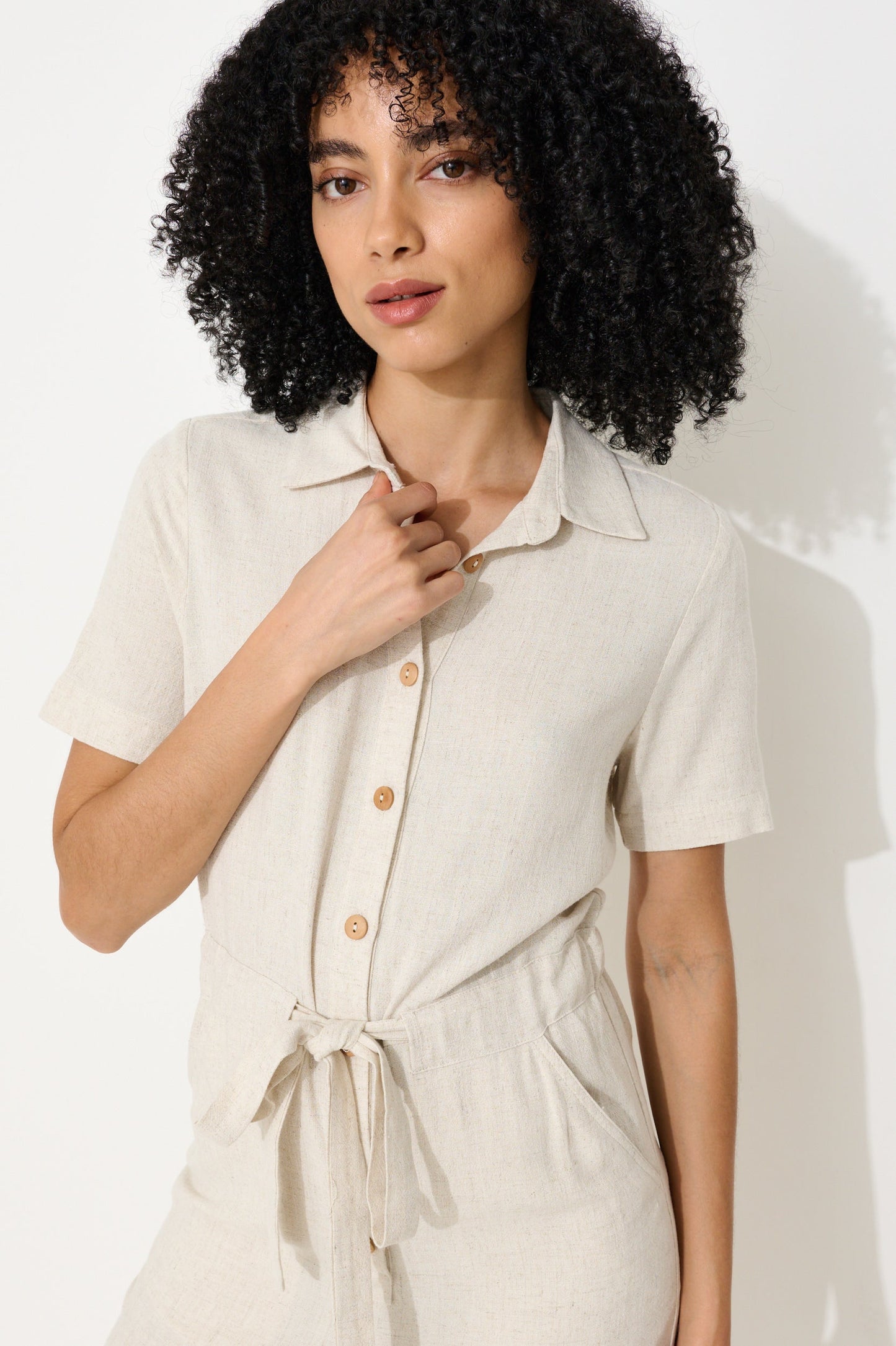 Justin Linen Mix Short Sleeve Jumpsuit - Natural