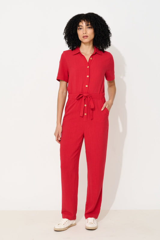 Justin Linen Mix Short Sleeve Jumpsuit - Red