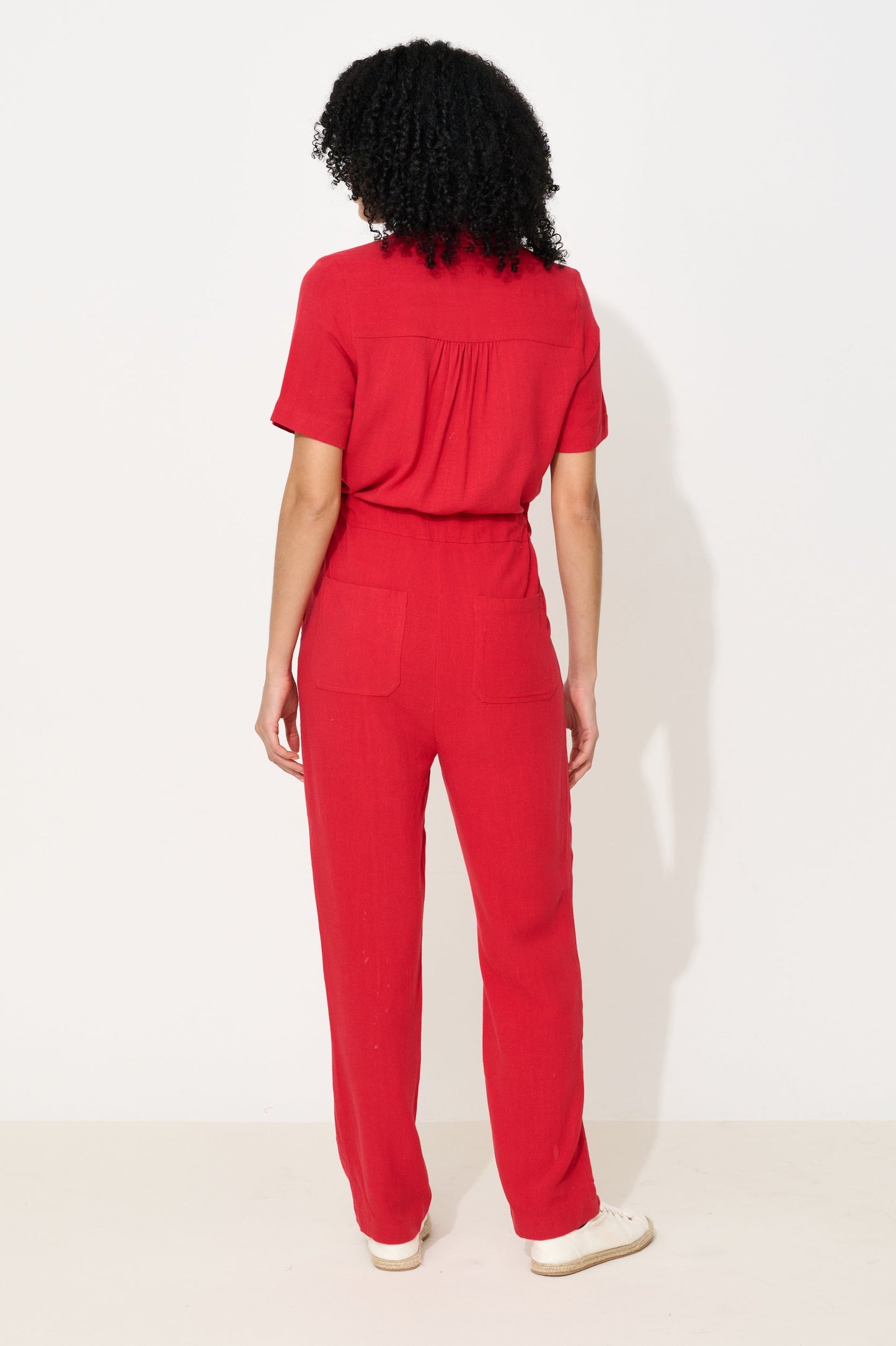 Justin Linen Mix Short Sleeve Jumpsuit - Red