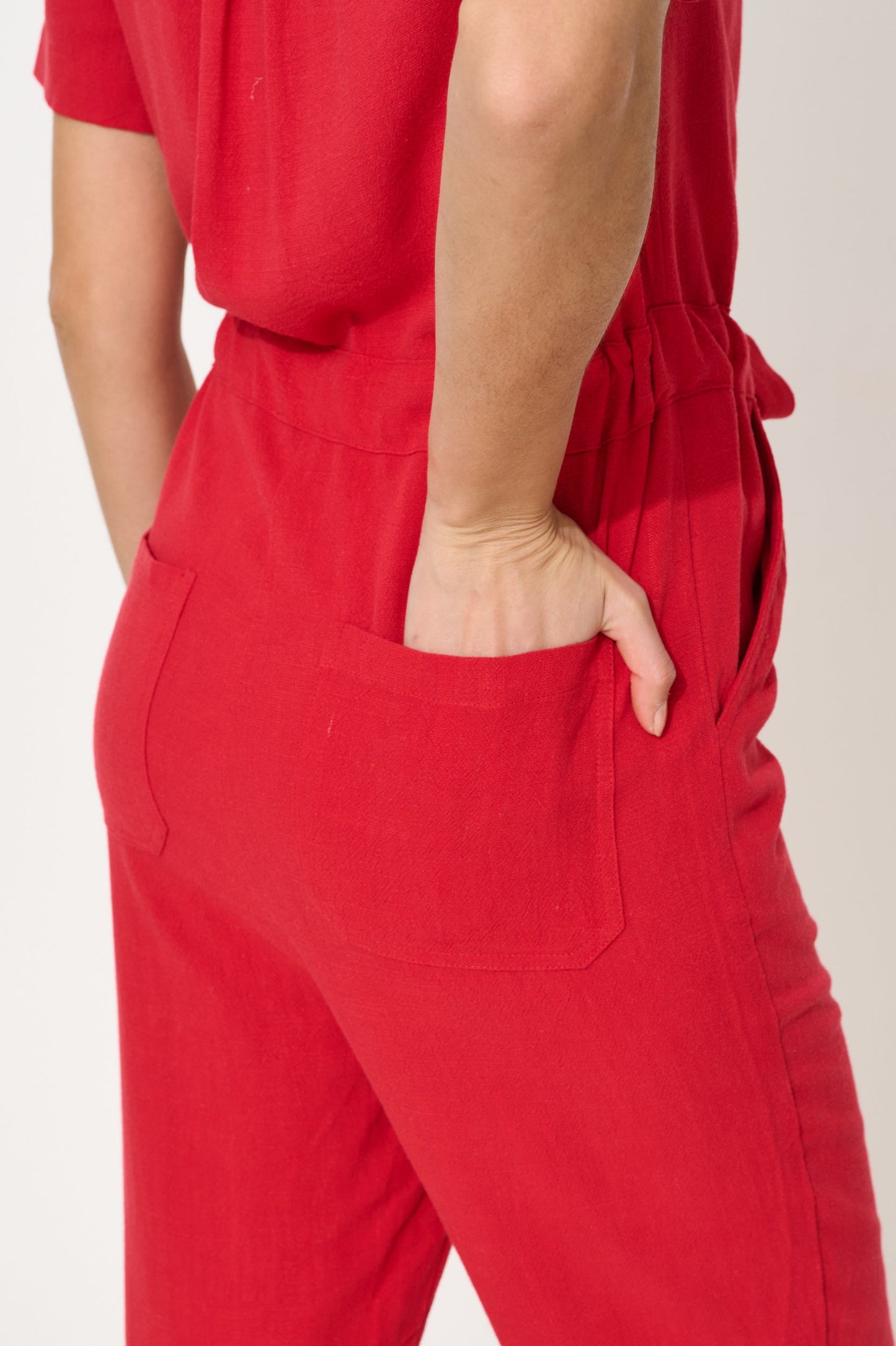 Justin Linen Mix Short Sleeve Jumpsuit - Red