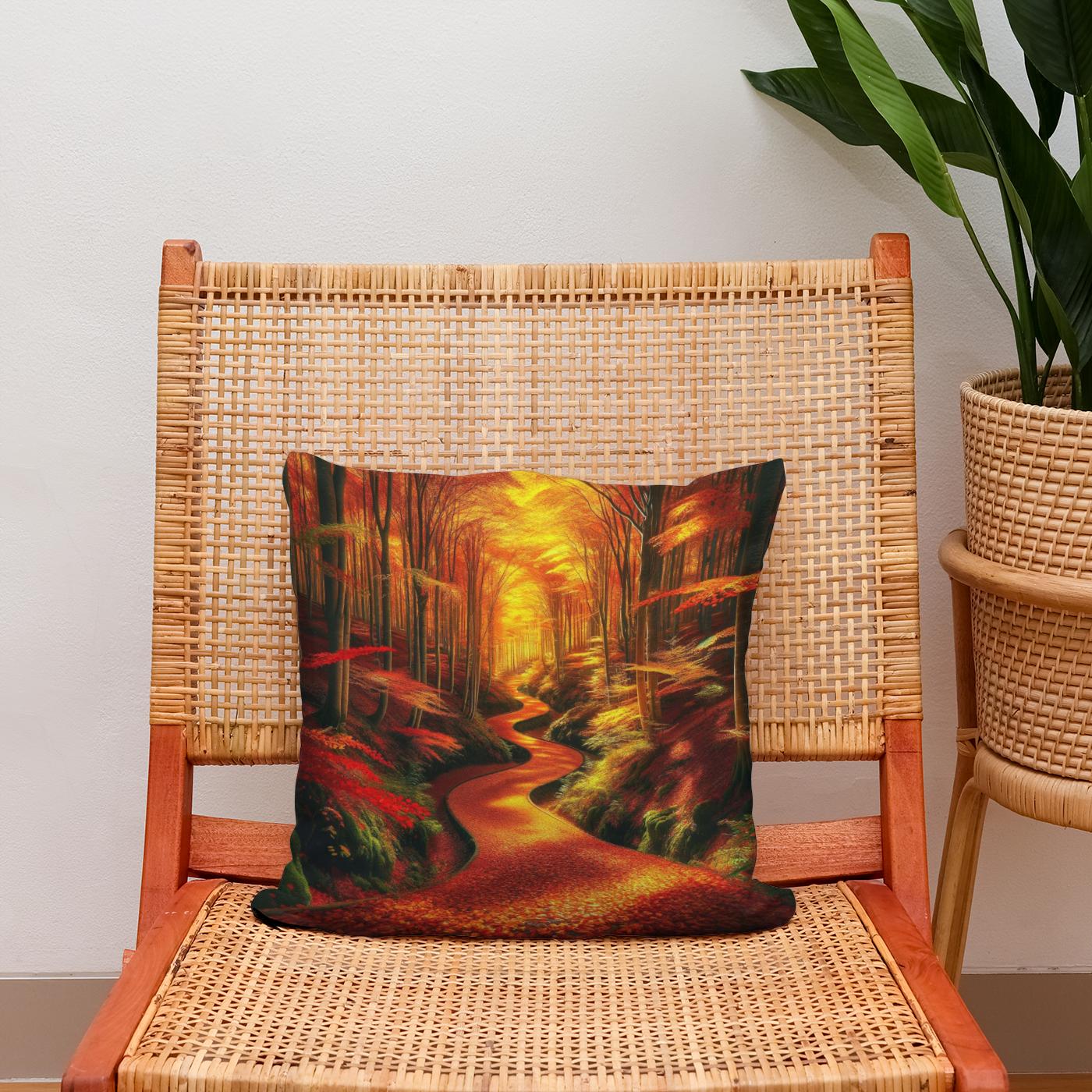 Autumn Forest Pathway Cotton Cushion
