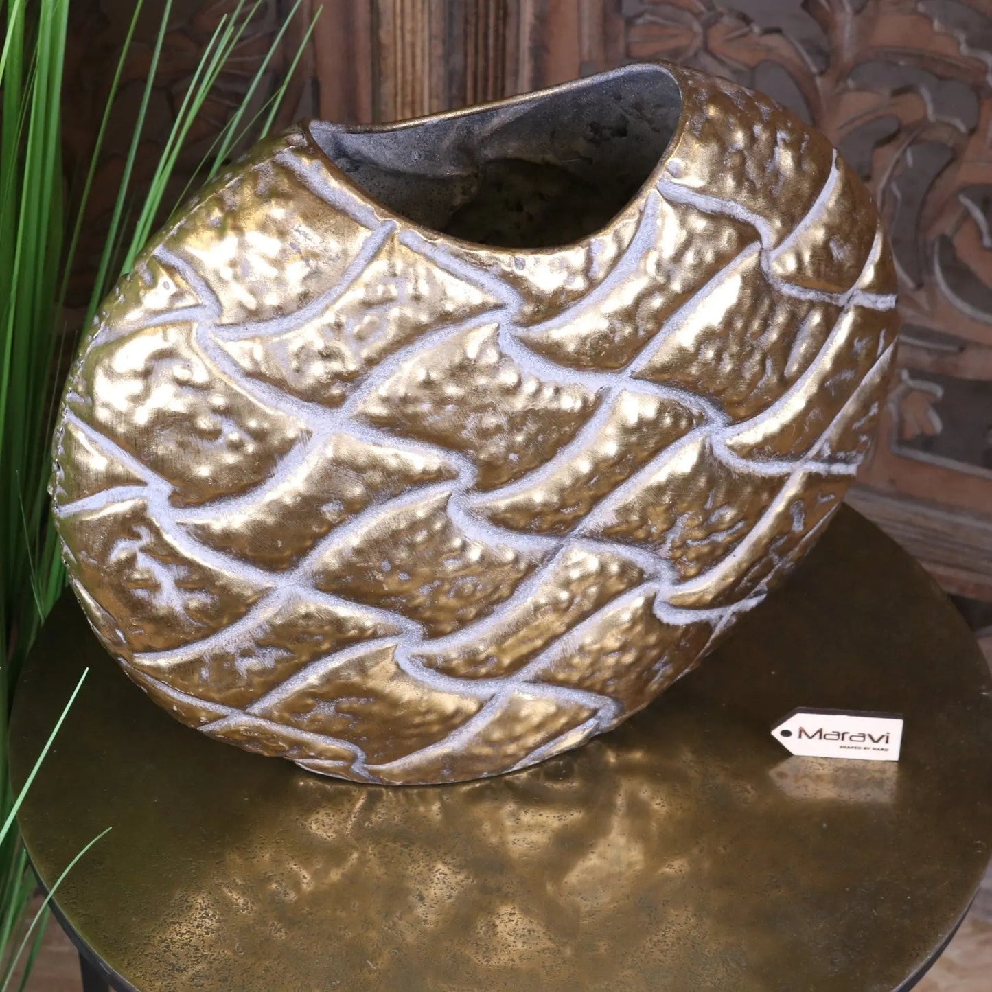Jora Gold Oval Vase Embossed Metal