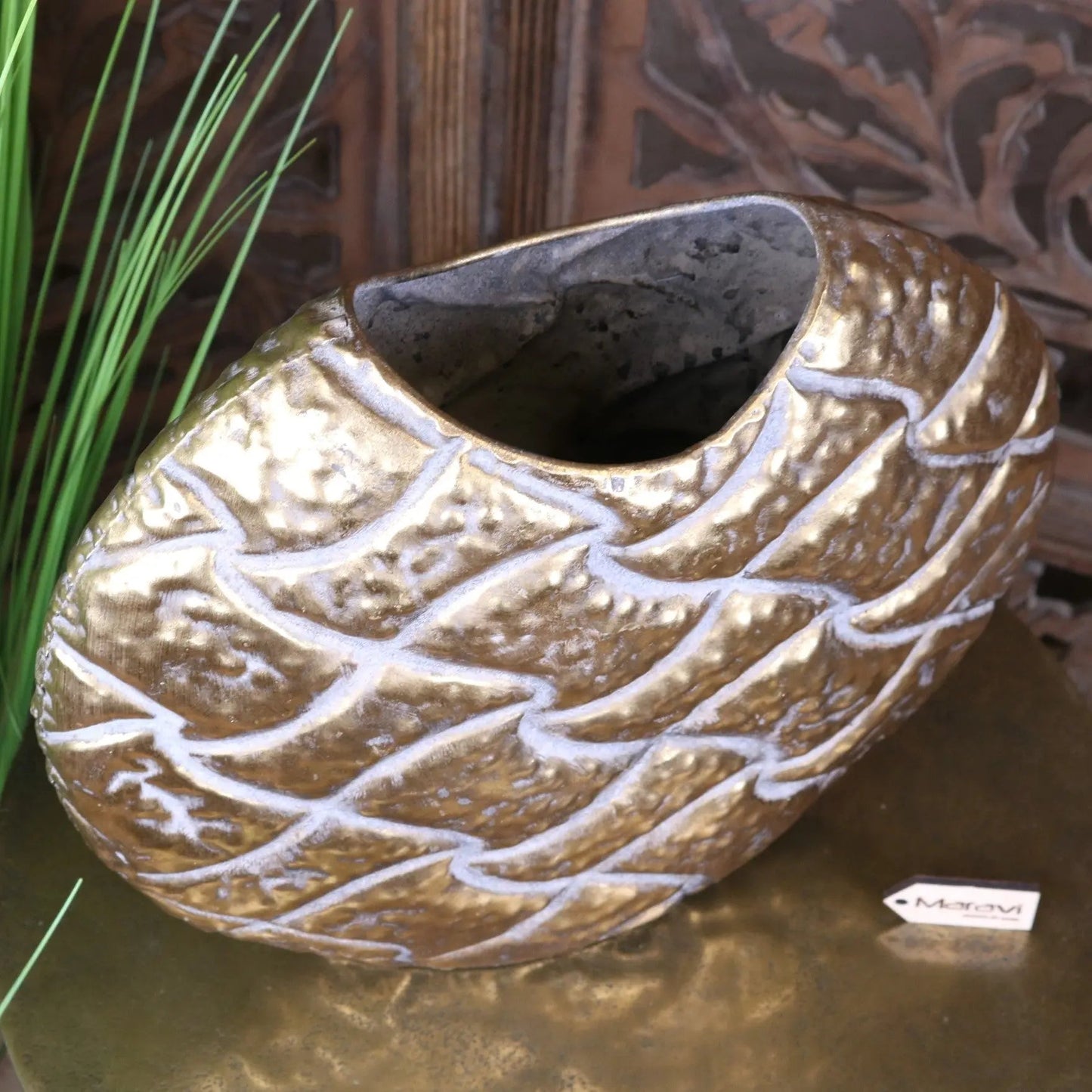 Jora Gold Oval Vase Embossed Metal