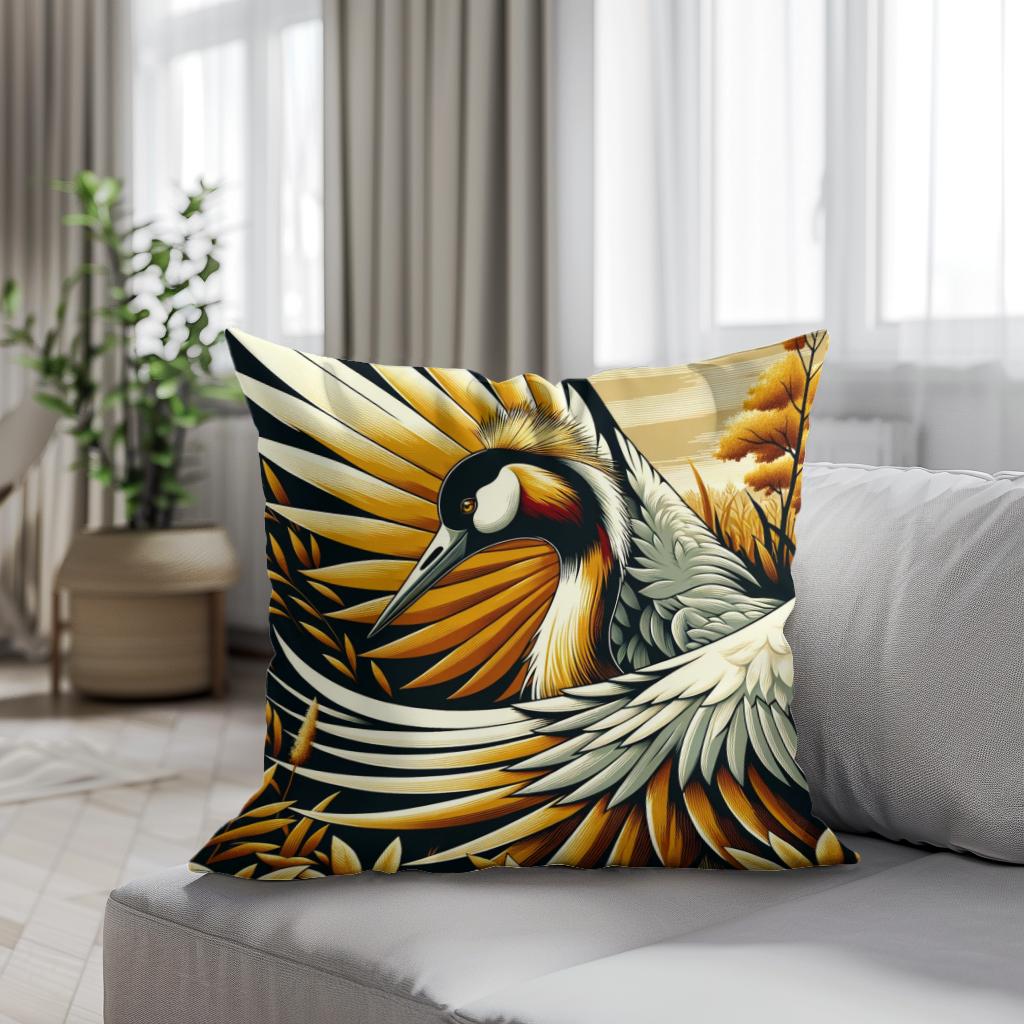 Golden Crane Elegance Cotton Cushion