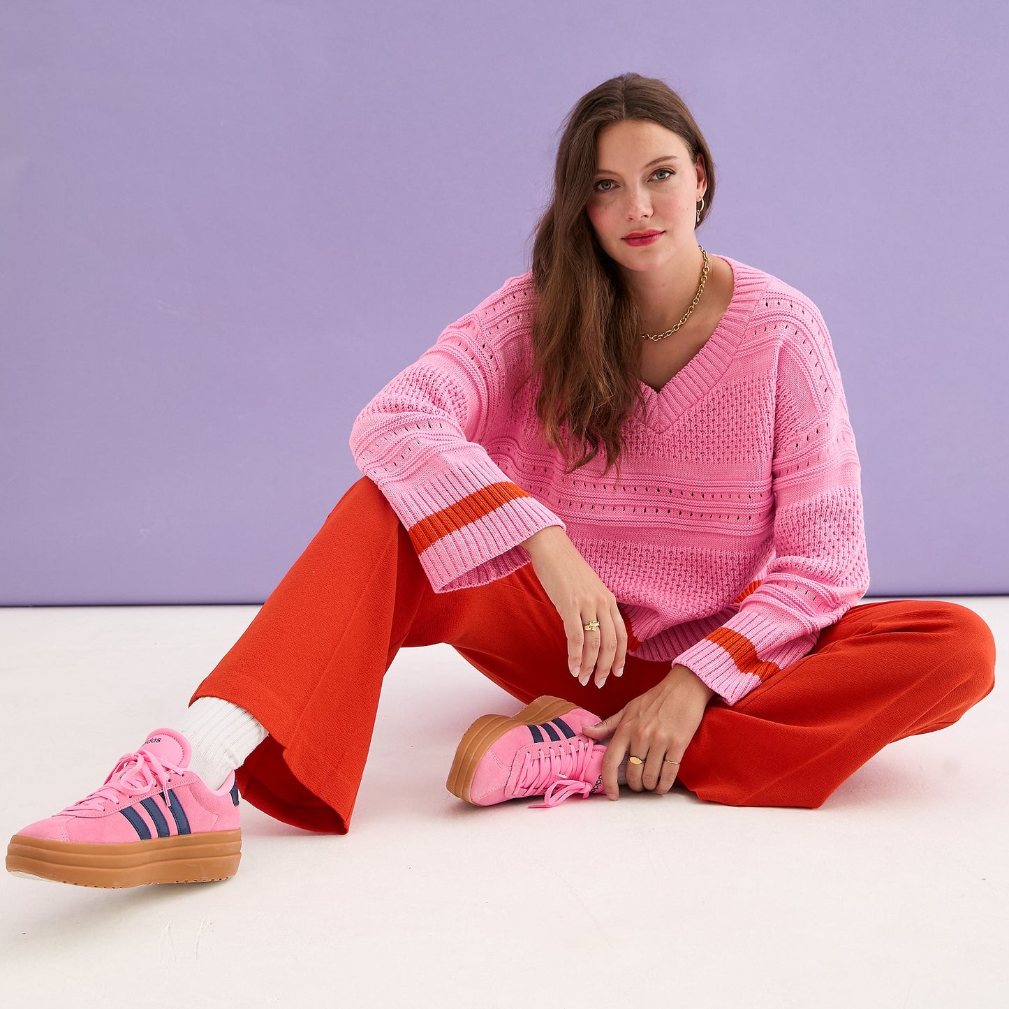 Judith Pointelle Stitch V Neck Jumper - Pink