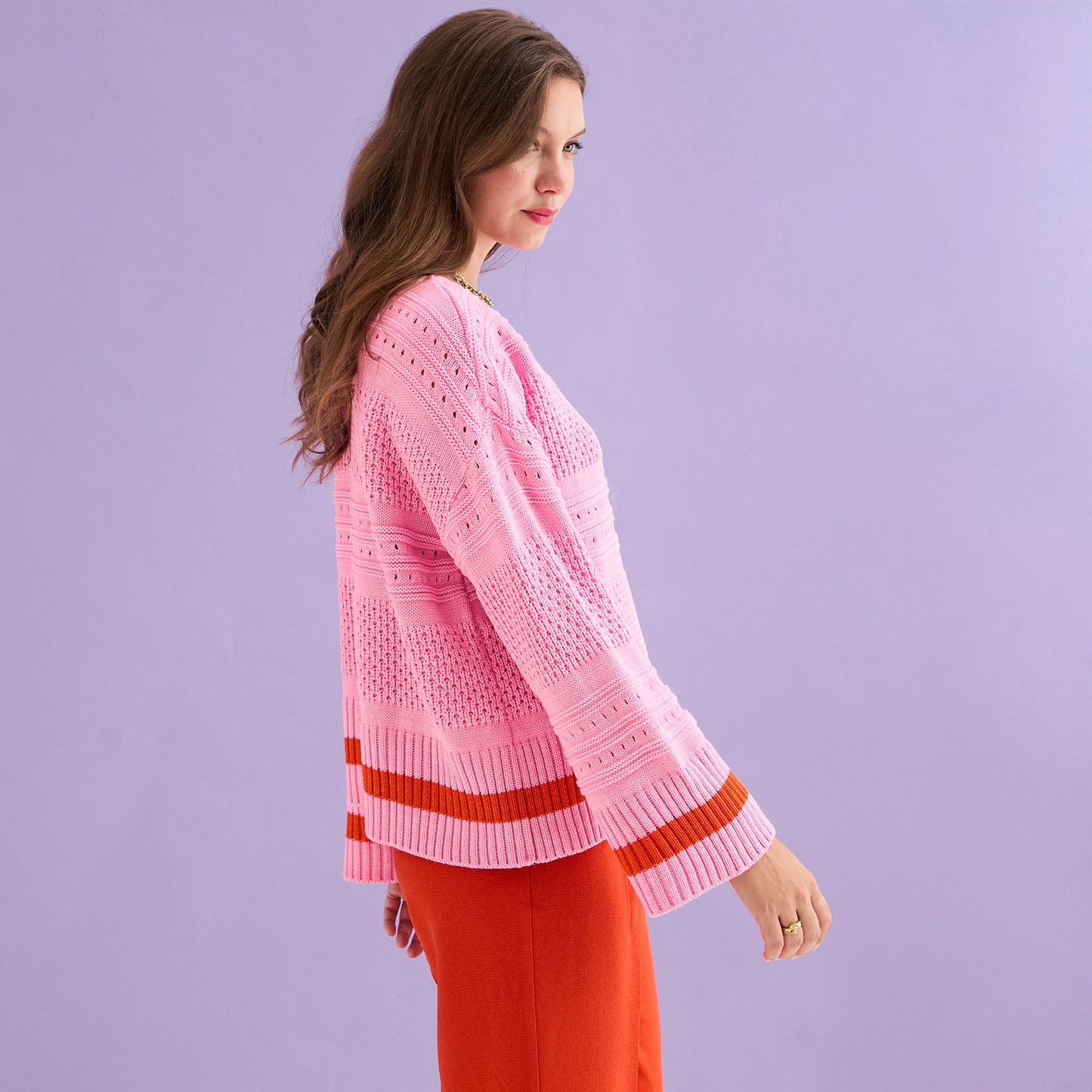 Judith Pointelle Stitch V Neck Jumper - Pink
