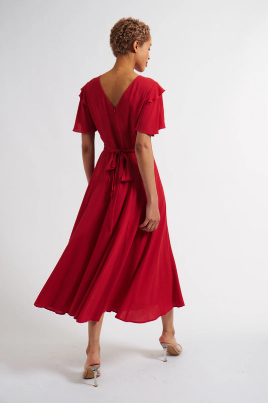 Katleen Crepe Flutter Sleeve Midi Dress - Red