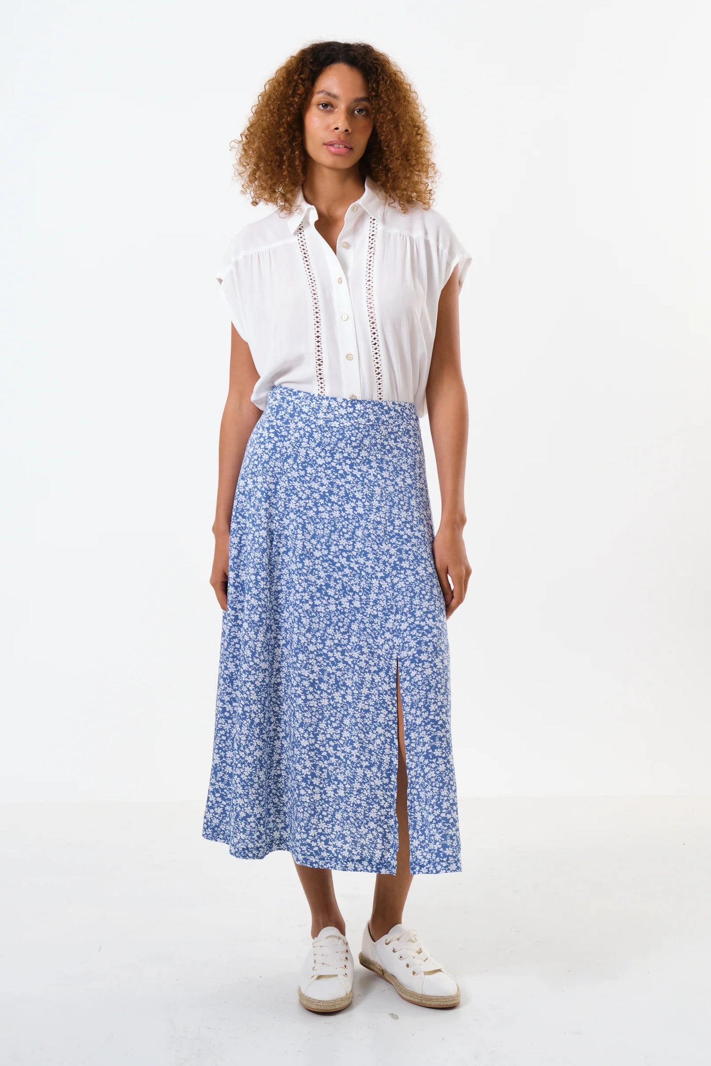 Kiyo Micro Blossom Print Midi Skirt In Blue