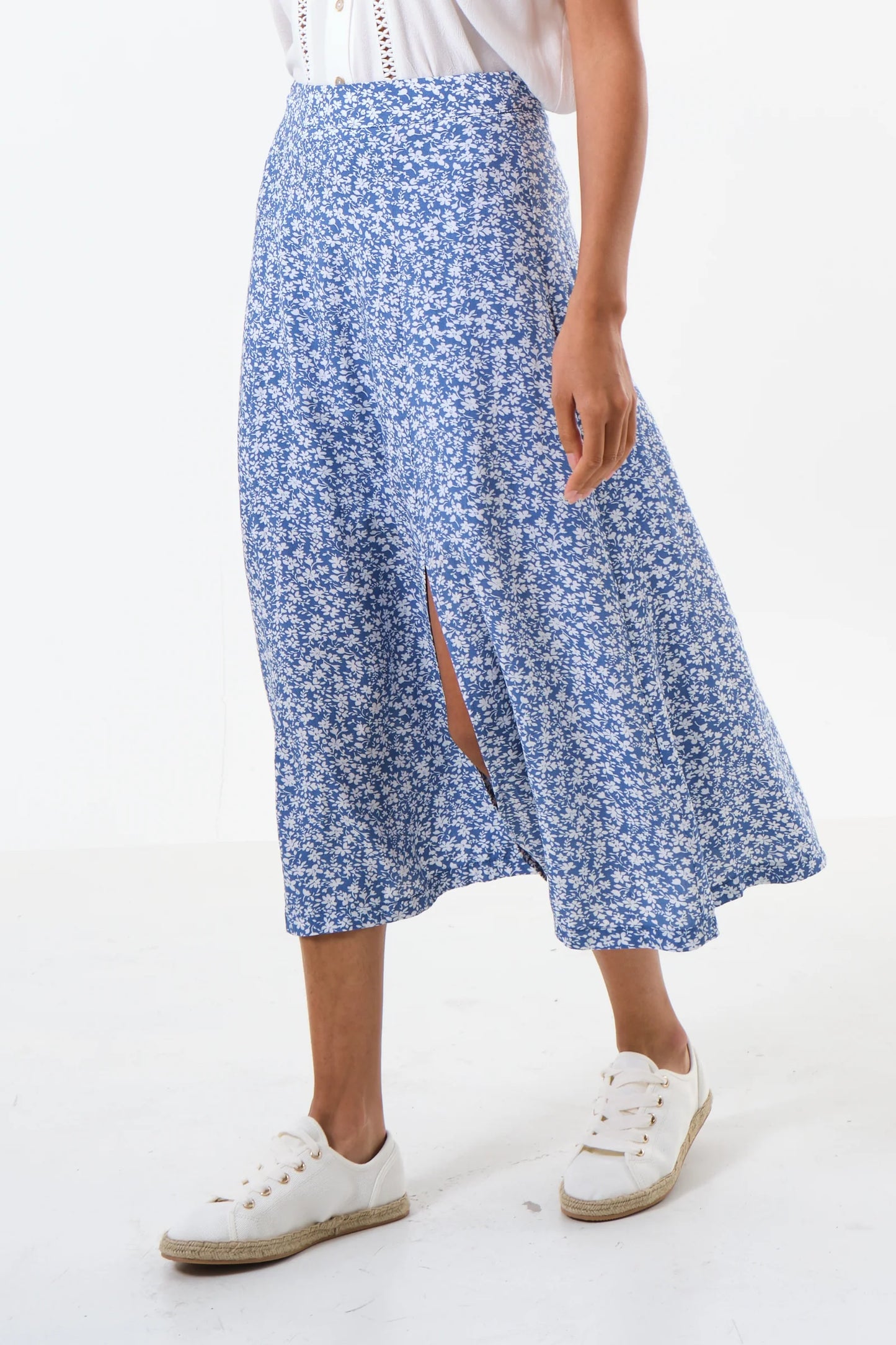 Kiyo Micro Blossom Print Midi Skirt In Blue
