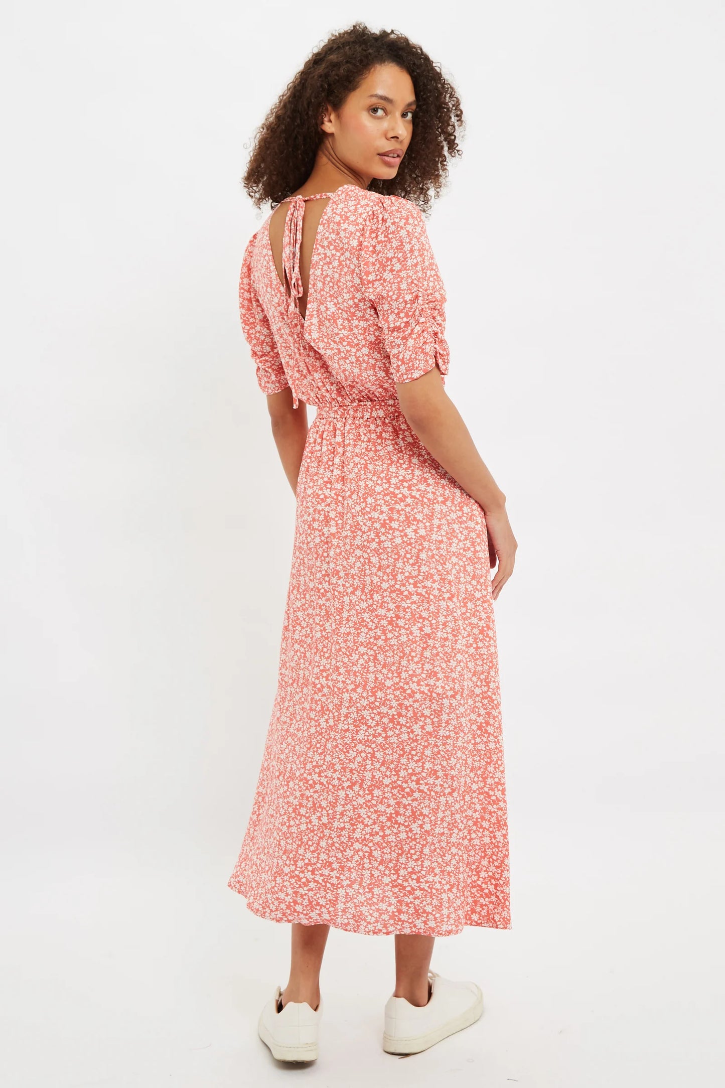 Louche Kiza Micro Blossom Print Short Sleeve Midi Dress In Pink
